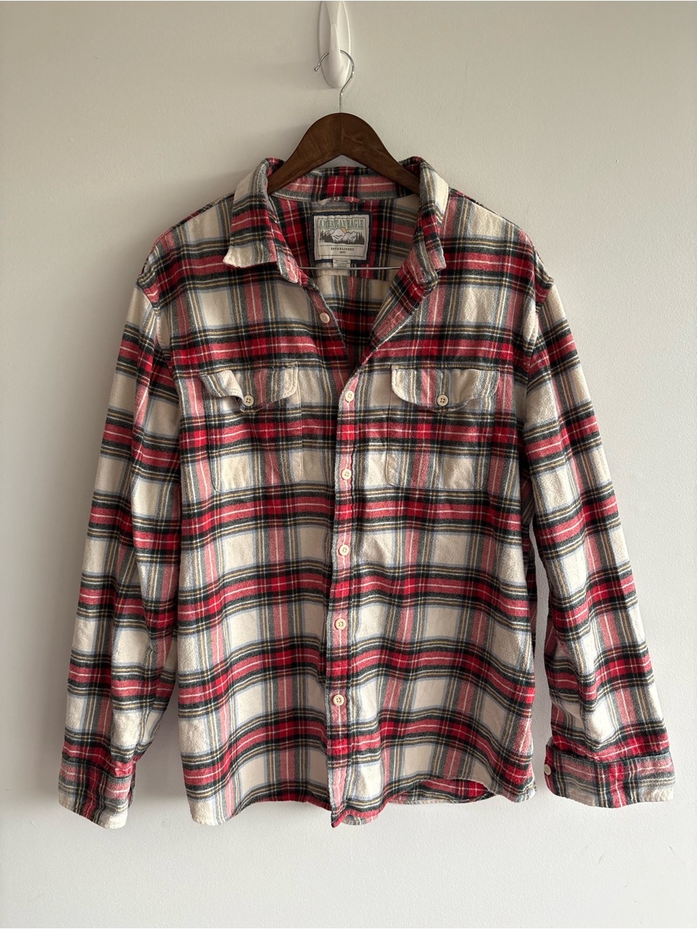 American Eagle Outfitters Plaid Flannel Button Down Shirt XXL Red Cream Cotton - Picture 5 of 10